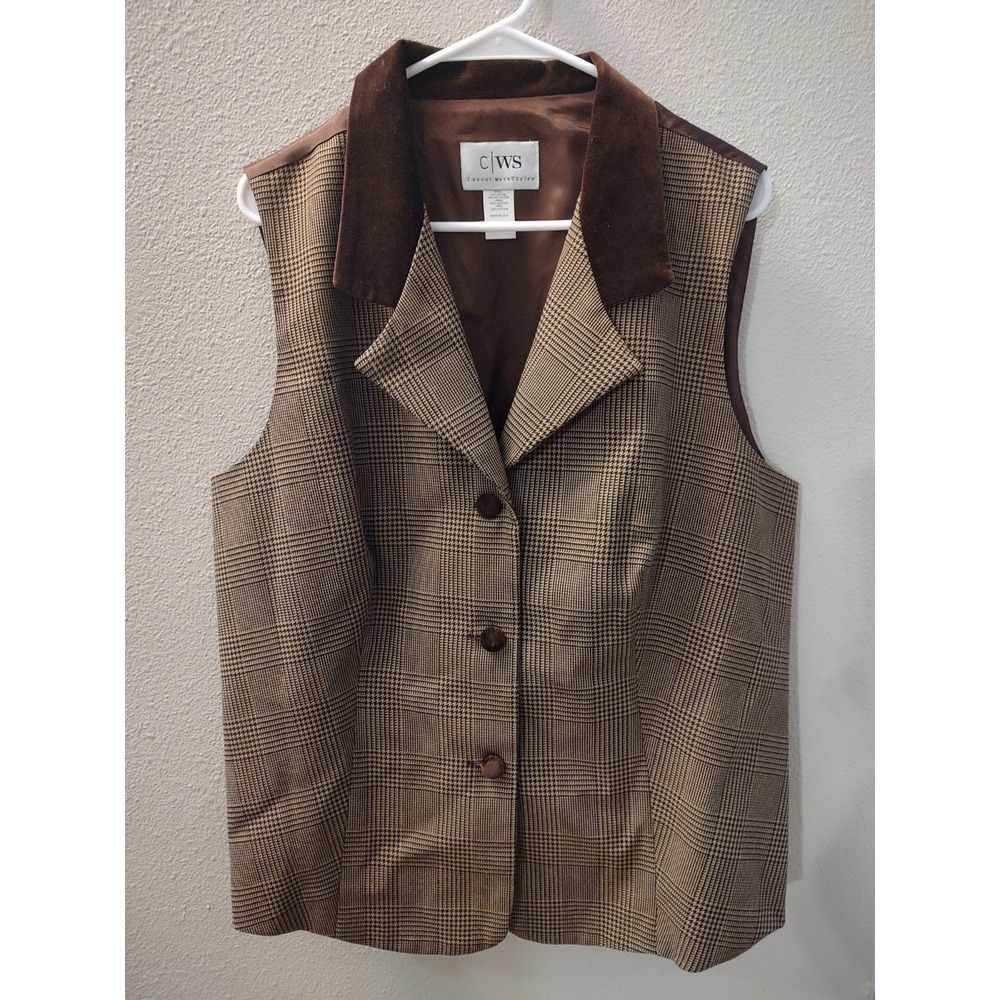 CWS Casual Workstyles Brown Houndstooth 1X Vest Made in USA Tailored Career Chic